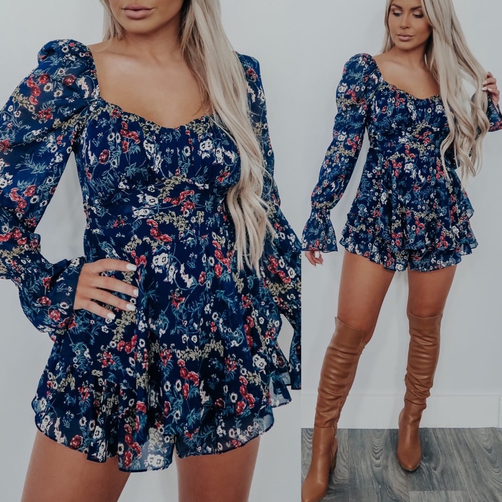 . Shop Hope’s Navy Multicolor Floral Long Sleeve Romper